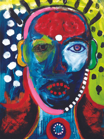 Multi coloured acrylic painting on paper of a head using mark making and bright colours