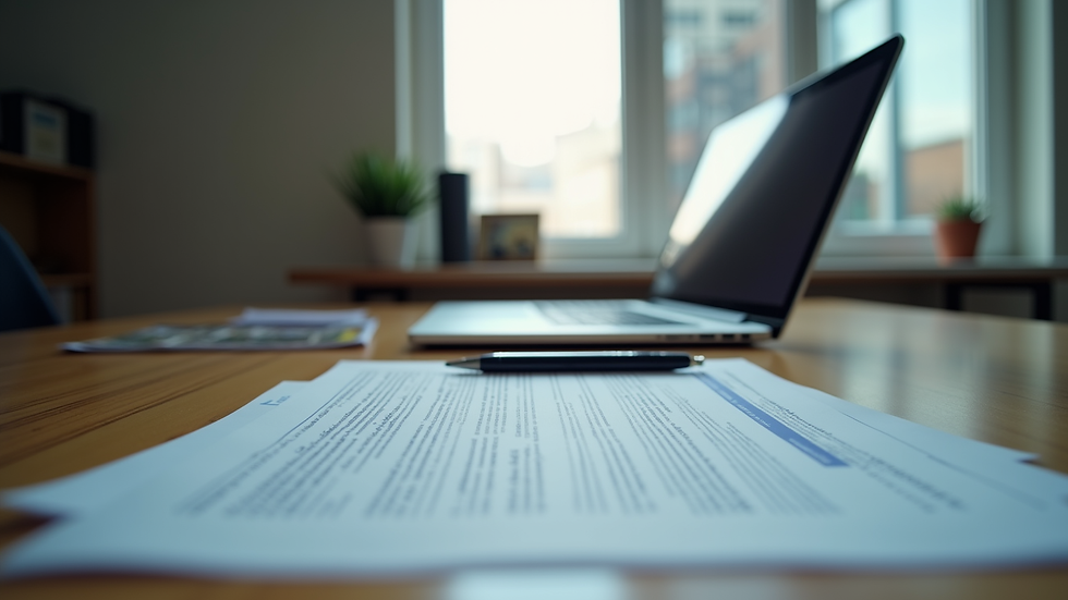 Eye-level view of a small business office with a laptop and security documents
