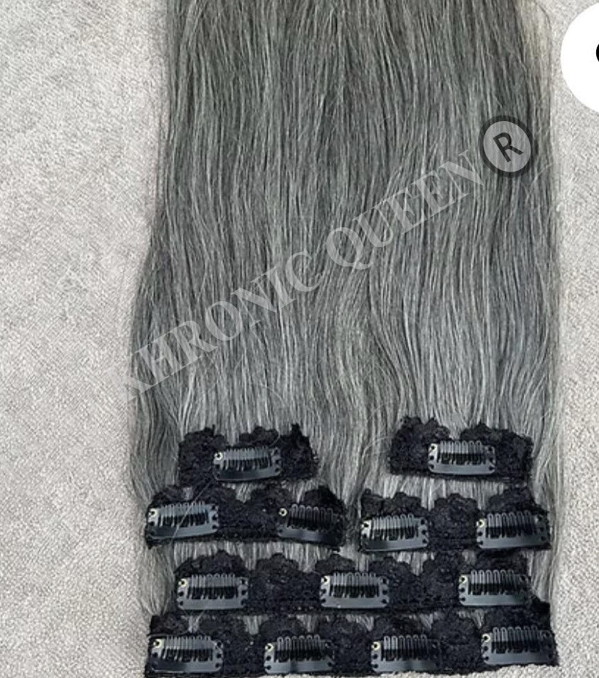 Miniatura: KHRONIC QUEEN ®️ GREY STRAIGHT CLIP IN HAIR EXTENSIONS - RAW INDIA HAIR