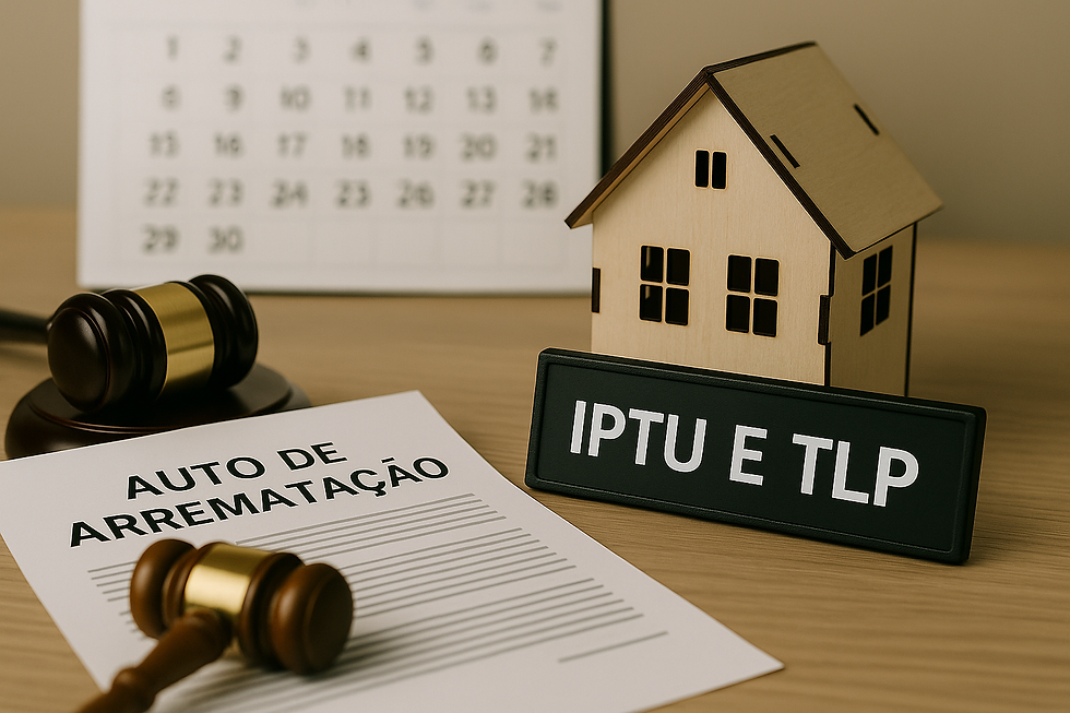 Imagem realista de mesa executiva com miniatura de casa, martelo de leiloeiro, calculadora e documentos fiscais, representando a relação entre arrematação e responsabilidade pelo IPTU.