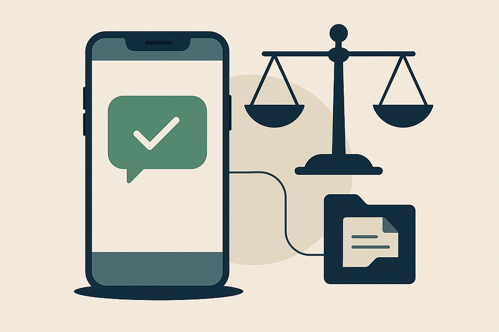 Ilustração vetorial em estilo minimalista mostra um ícone de smartphone com um balão de mensagem do WhatsApp saindo da tela e um símbolo de check duplo azul, representando confirmação de entrega. Ao fundo, elementos sutis remetem à formalidade judicial, como uma representação de processo digital. A imagem simboliza o envio de intimações judiciais via WhatsApp com confirmação automática de recebimento.