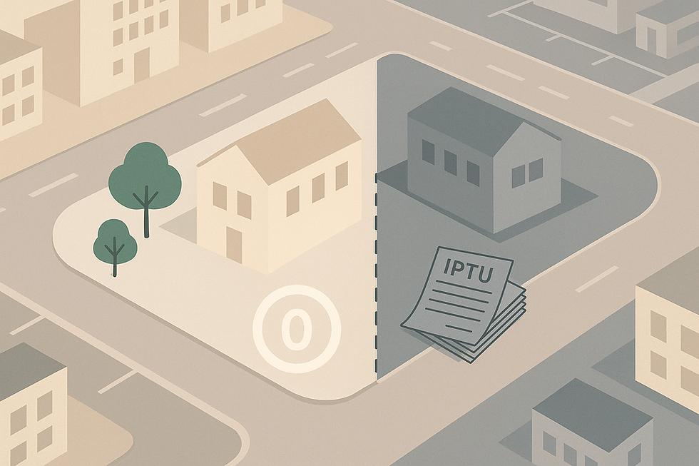 Composição visual de um imóvel urbano visto de cima, com separação simbólica entre uma edificação institucional (como uma escola ou igreja) e outra residencial, representando o tema IPTU e imunidade tributária, destacando o contraste entre titularidade registral e uso por entidade imune.