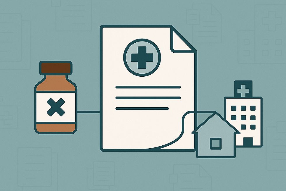 Documento com símbolo de plano de saúde ao centro, conectado a um frasco com “X” sutil. À esquerda, ícone de hospital abstrato; à direita, símbolo de residência. Fundo com ícones desfocados de medicamentos e contratos.