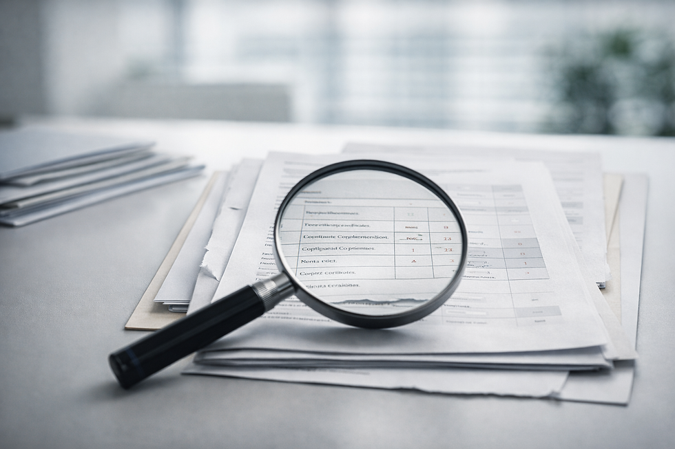 Erros comuns em licitações: lupa sobre documento com inconsistências em mesa corporativa minimalista.