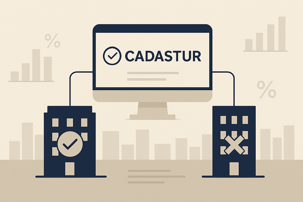 Portal digital do CADASTUR ao centro, conectado a dois prédios: à esquerda, empresa aprovada para o PERSE; à direita, prédio com “X” sutil. Fundo com gráficos de benefícios fiscais.