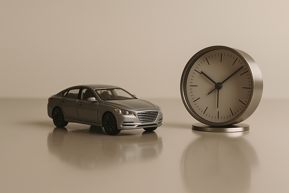Imagem conceitual com carro em miniatura e relógio, simbolizando a decisão do STJ sobre o termo inicial do prazo em ações de busca e apreensão com garantia fiduciária.