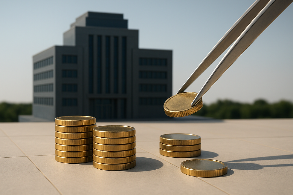 Imagem conceitual realista representando o buyback: uma pinça metálica remove cuidadosamente uma moeda dourada de um conjunto de pilhas organizadas sobre uma superfície clara, com um prédio corporativo ao fundo desfocado.