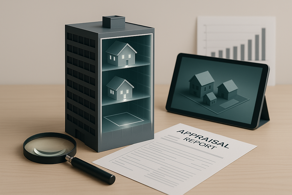 Composição conceitual mostrando miniaturas de prédios e casas sobre blocos com gráficos contábeis e papéis, simbolizando a cobrança de ITCMD quando quotas societárias forem integralizadas por imóveis, com foco em avaliação de mercado e estrutura patrimonial.