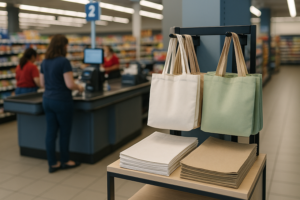 Sacolas reutilizáveis expostas para venda em um supermercado ao lado dos caixas, ilustrando a decisão do STF sobre o fornecimento gratuito de embalagens por supermercados.