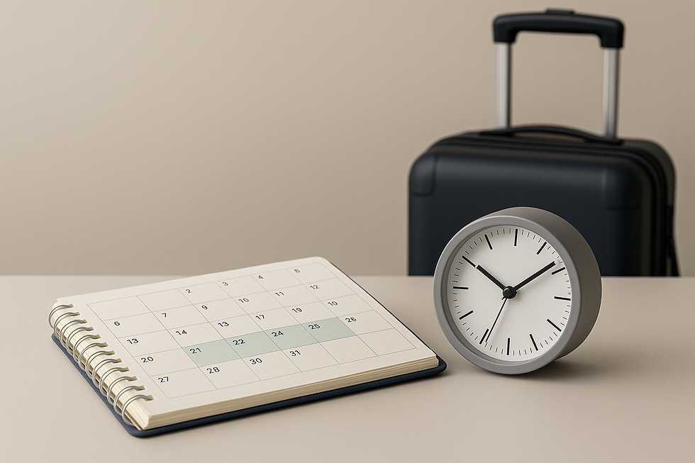 Agenda aberta com calendário de 30 dias, relógio de mesa minimalista e mala de viagem ao fundo, simbolizando o direito às férias e o descanso anual previsto na legislação trabalhista.