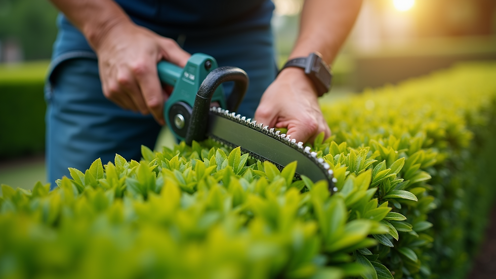 Close-up view of a gardener trimming a hedge with professional tools