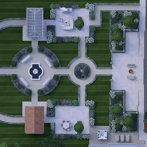 Aerial view of symmetrical garden layout with fountains.