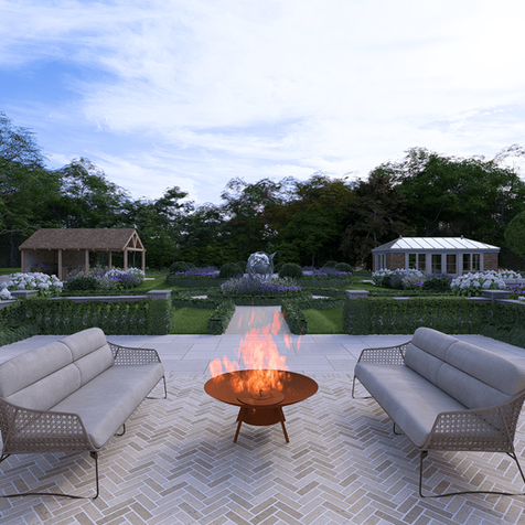 Fire pit and seating area in The Estate Garden.