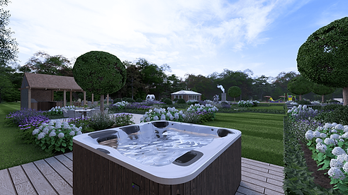 Hot tub in a manicured garden with topiary trees.