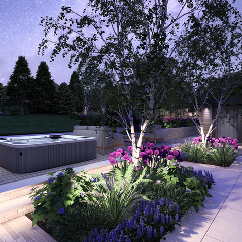Illuminated garden patio with hot tub at dusk