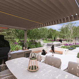 Modern outdoor patio with dining area and pergola.