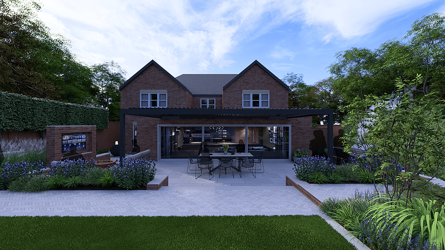 3D rendering of a modern garden design with patio.