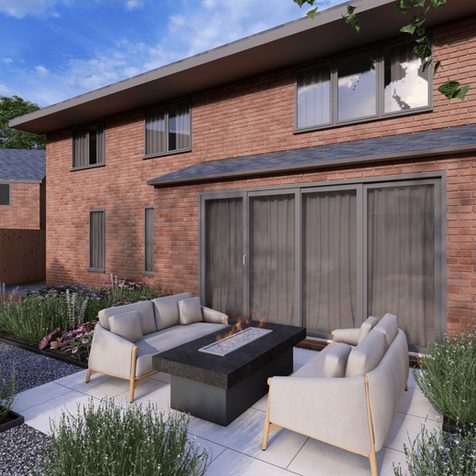 Modern patio with outdoor seating and fire pit table.
