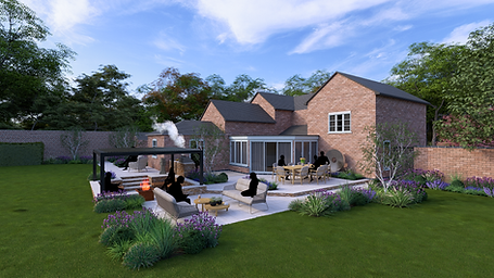 Modern backyard patio with seating area and fire pit.
