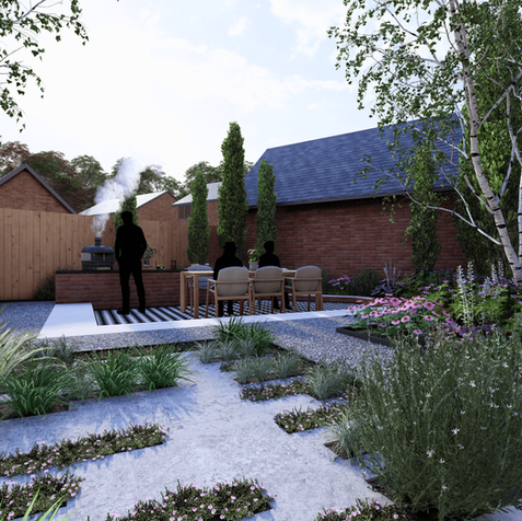 The New Beginnings Garden with outdoor dining area.