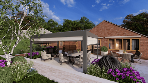 Modern pergola with seating in a lush garden patio.