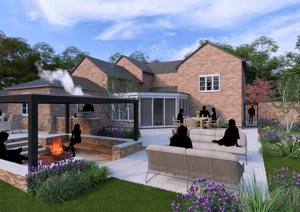 Modern backyard with fire pit and patio seating