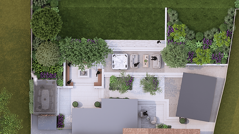 Aerial 2D garden design plan with lawn and patio areas.