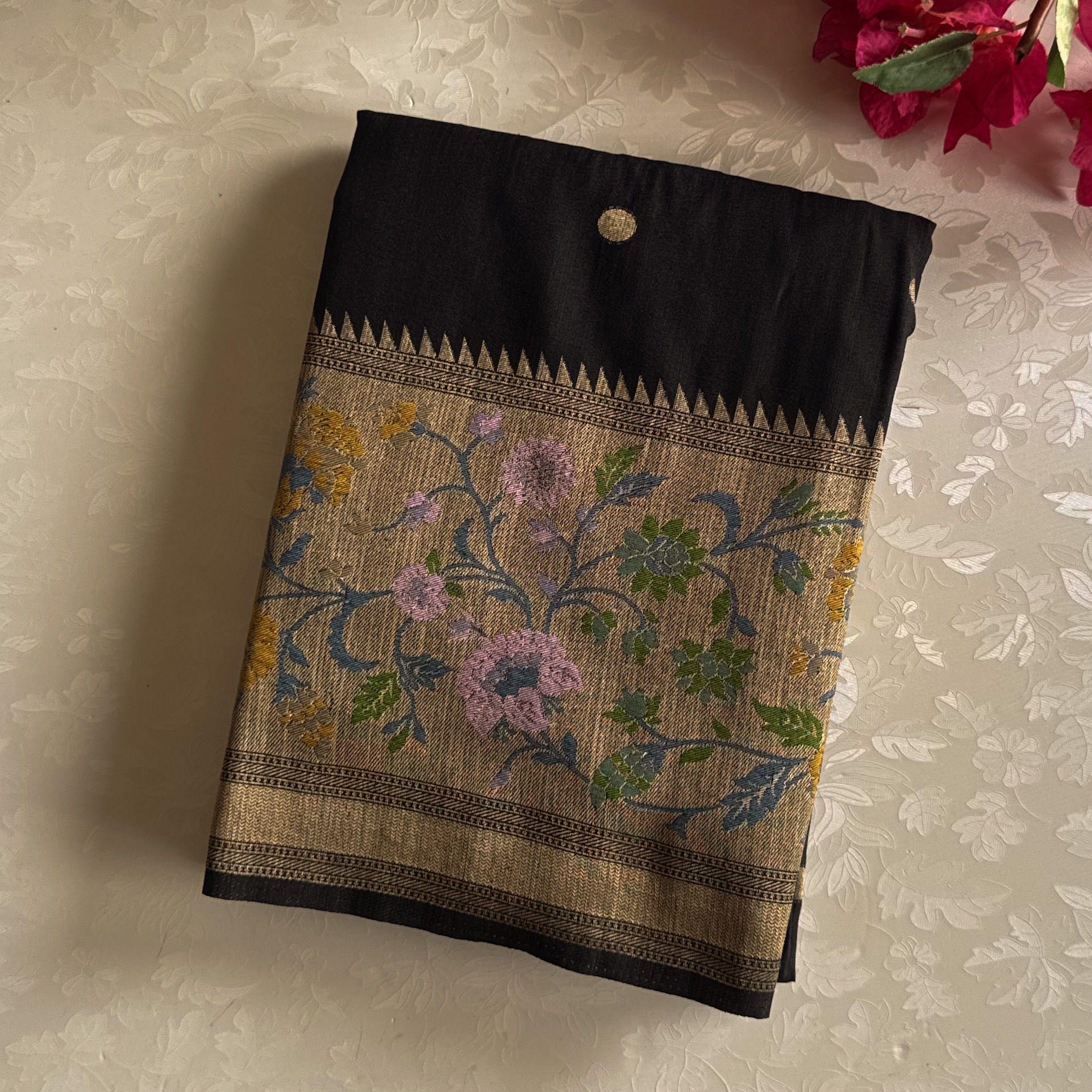 Raven black jute tussar with Meenakari woven designer borders and rich pallu