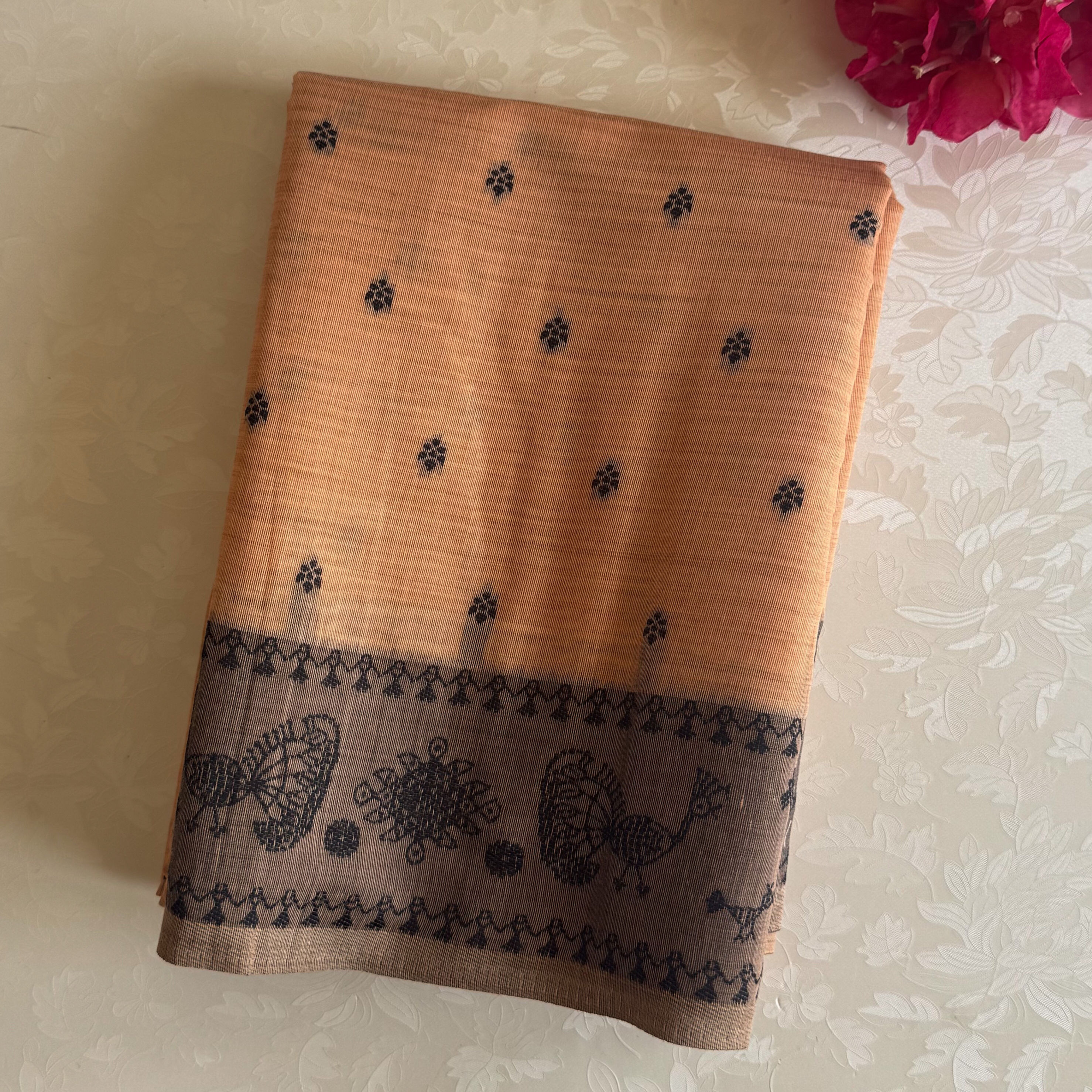 Earthy peach with charcoal designer warli weave on soft Tussar cotton 