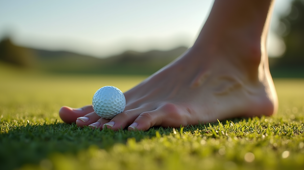 Eye-level view of a golf ball being rolled under a foot for plantar fasciitis relief