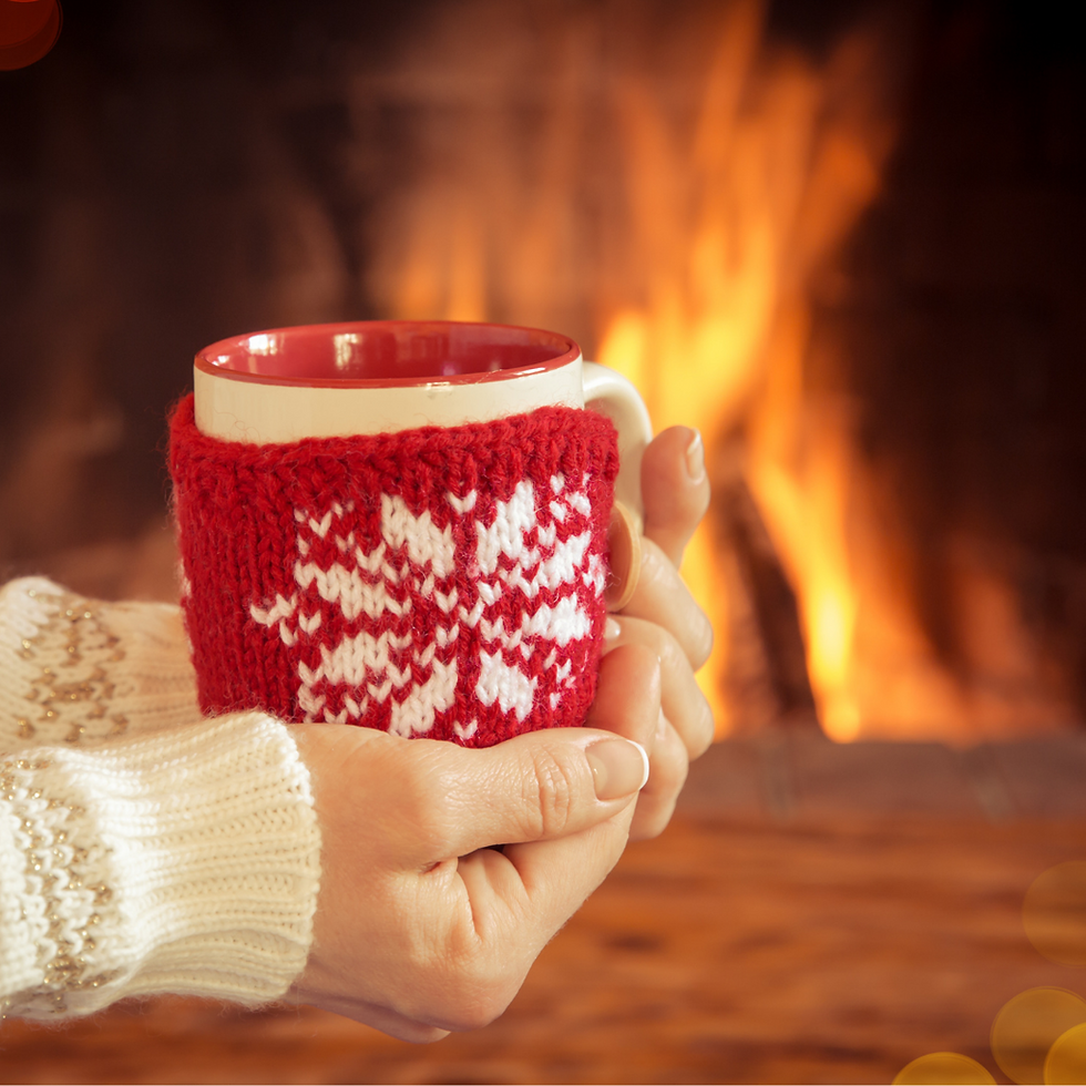 A roaring fire and a cup of warm beverage