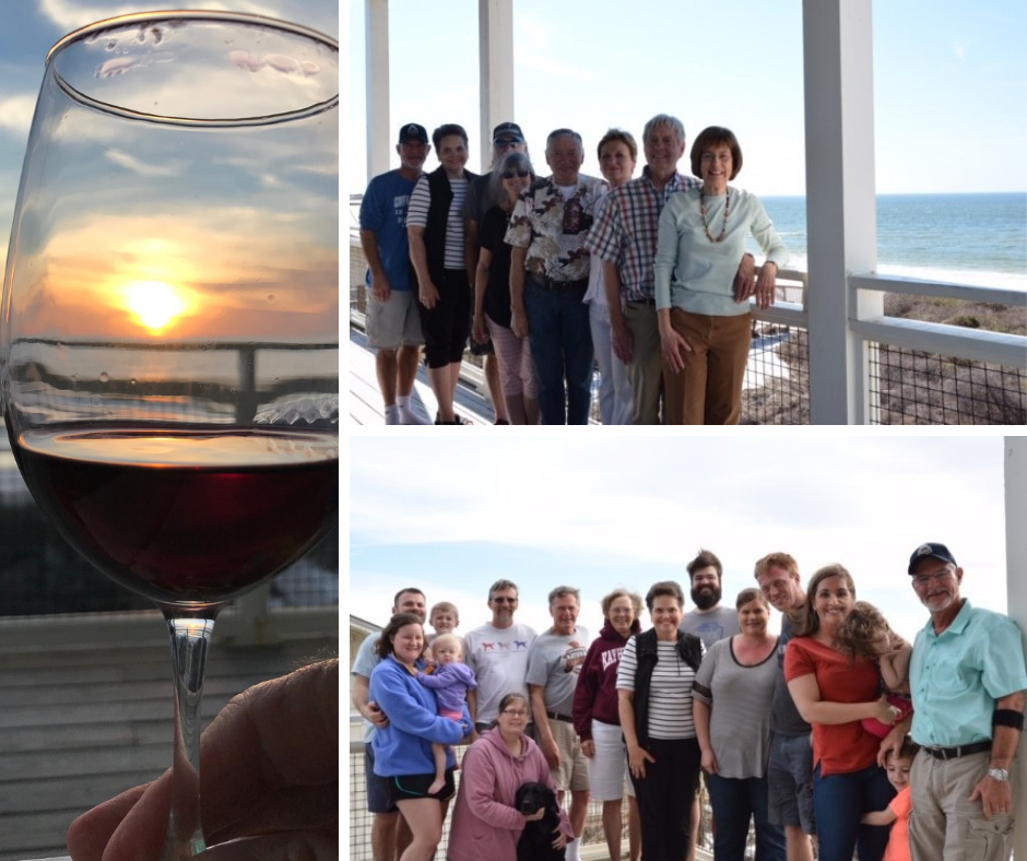 beach sunset through a wine glass and gatherings of friends and family