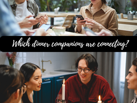 two photos of groups of friends eating together with one group engrossed in their phones and the other engrossed in conversation