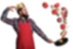 Chef wearing a crown and red apron is flipping foods with a frying pan