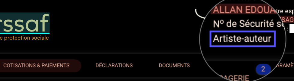 URSSAF registration certificate for A2L as an artist-author (Artiste-auteur).