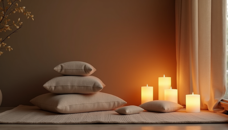 High angle view of a peaceful meditation space with cushions and candles