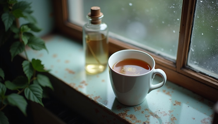 High angle view of a steaming cup of tea on a windowsill with rain outside