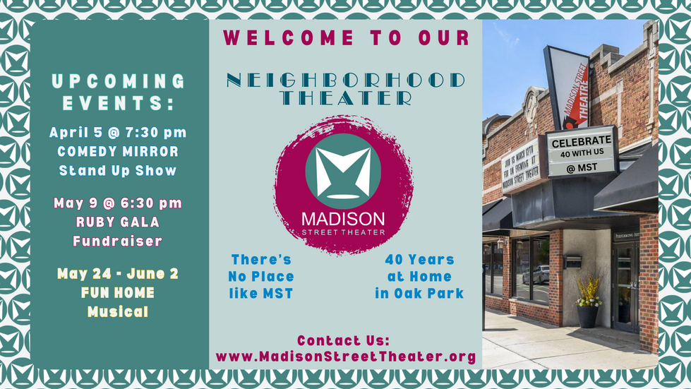 Facebook cover infographic design for Madison Street theater's upcoming events in a teal and MST-logo focused pattern.