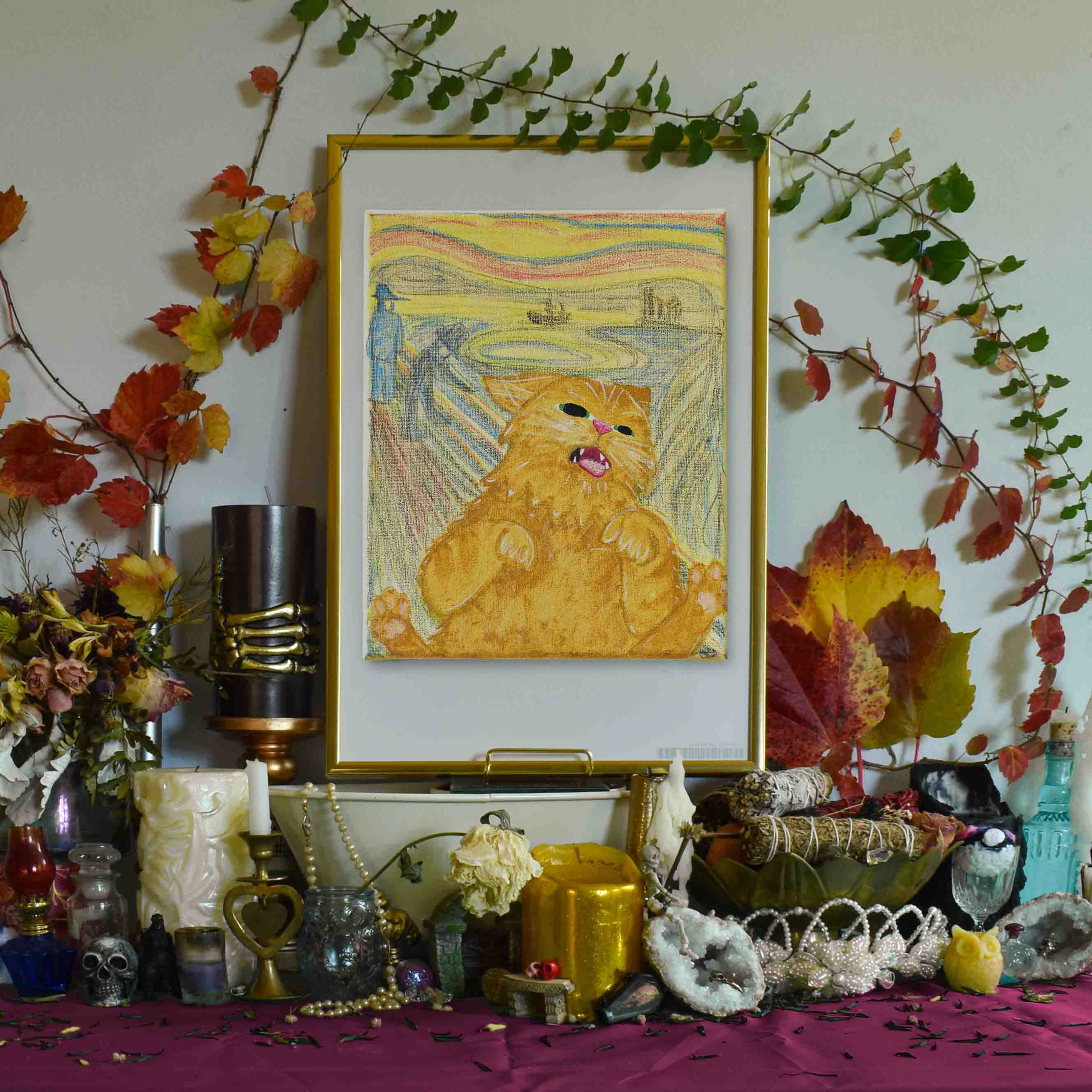 A painting mimicking "The Scream" by Edgar Munch replaced the main figure with a screaming orange cat. 