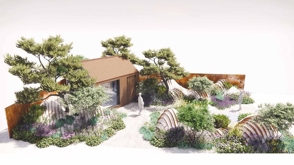 A person walks in a serene garden with wavy structures, lush greenery, and a small wooden building under pine trees. Bright, airy setting.