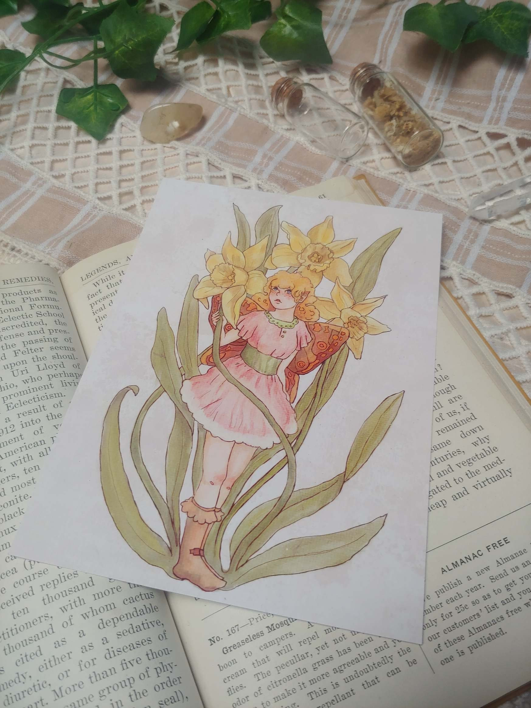 Daffodil Fairy Small Art Print; 5x7 Original Art, Card or Gift for Her;