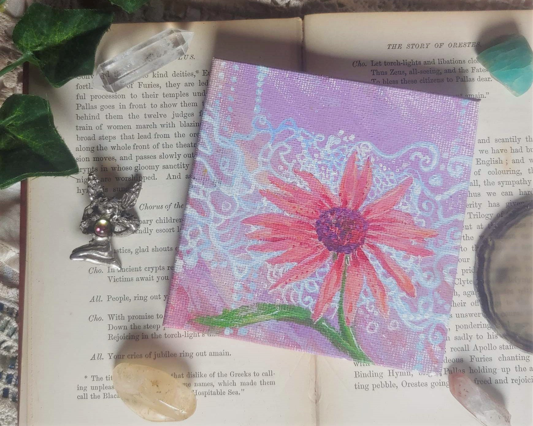 Dreamy Echinacea Flower Painting, 4x4 Stretched Canvas|| Abstract, Apothecary