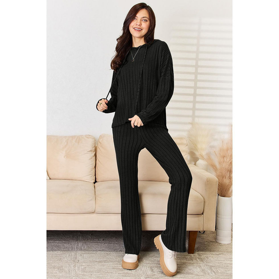 Thumbnail: Basic Bae Full Size Ribbed Drawstring Hooded Top and Straight Pants Set