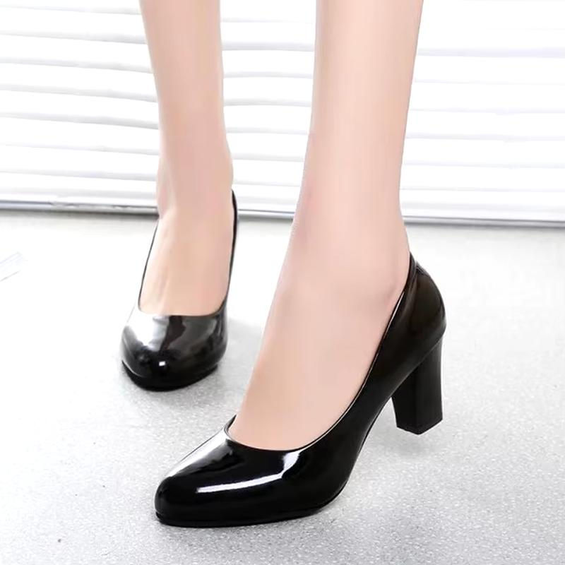 Thumbnail: Professional Shallow Mouth Single Shoes Female with round Head Slip Black Thick