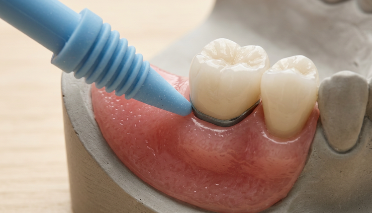 Macro view of a silicone gum stimulator touching the gumline around implant-supported crowns on a dental model