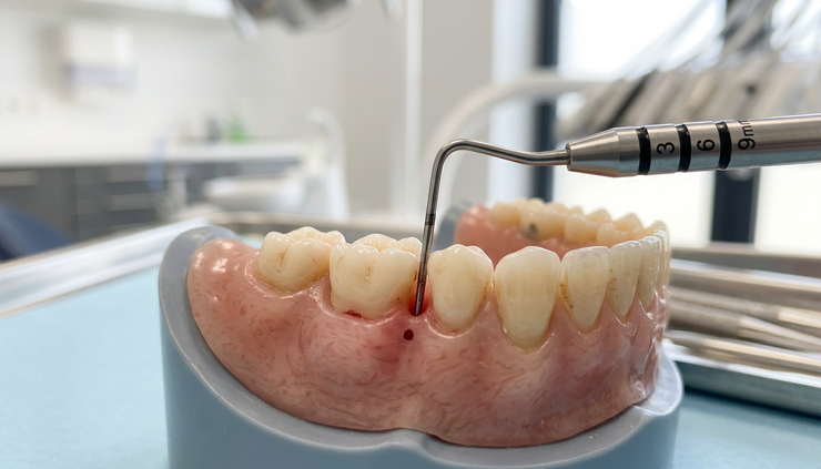 Macro view of a dental model showing gum pockets marked with a periodontal probe