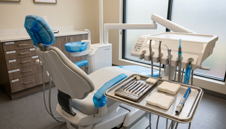 Eye-level view of a dental chair prepared for periodontal treatment in a calm clinic room