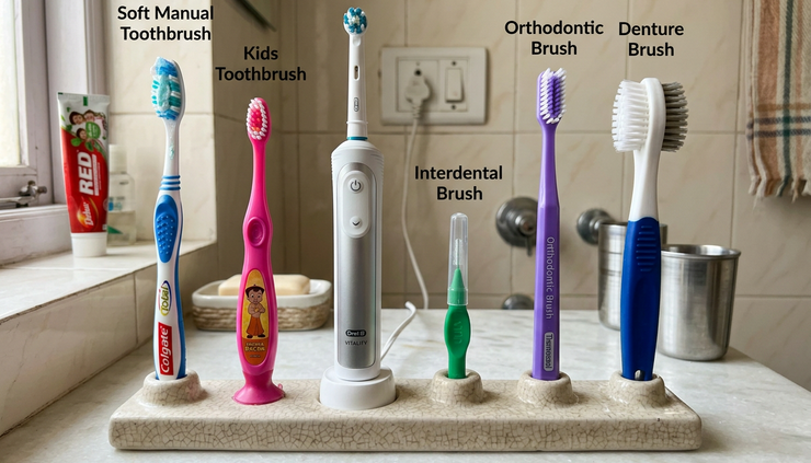 Eye-level view of different toothbrush types arranged on a bathroom shelf