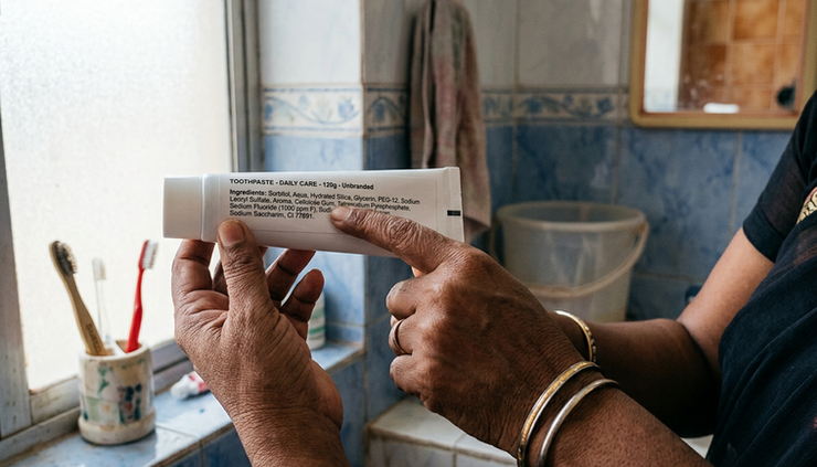 Close-up view of an adult holding a toothpaste tube while reading the ingredient label.