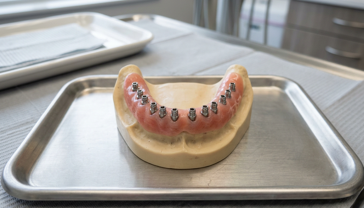 Close-up view of a dental jaw model showing full arch implant positions